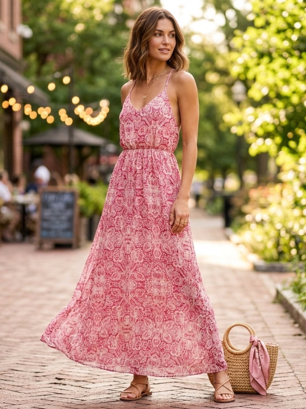 Bershka Boho Chic Pink Paisley Print Maxi Cut Out Dress